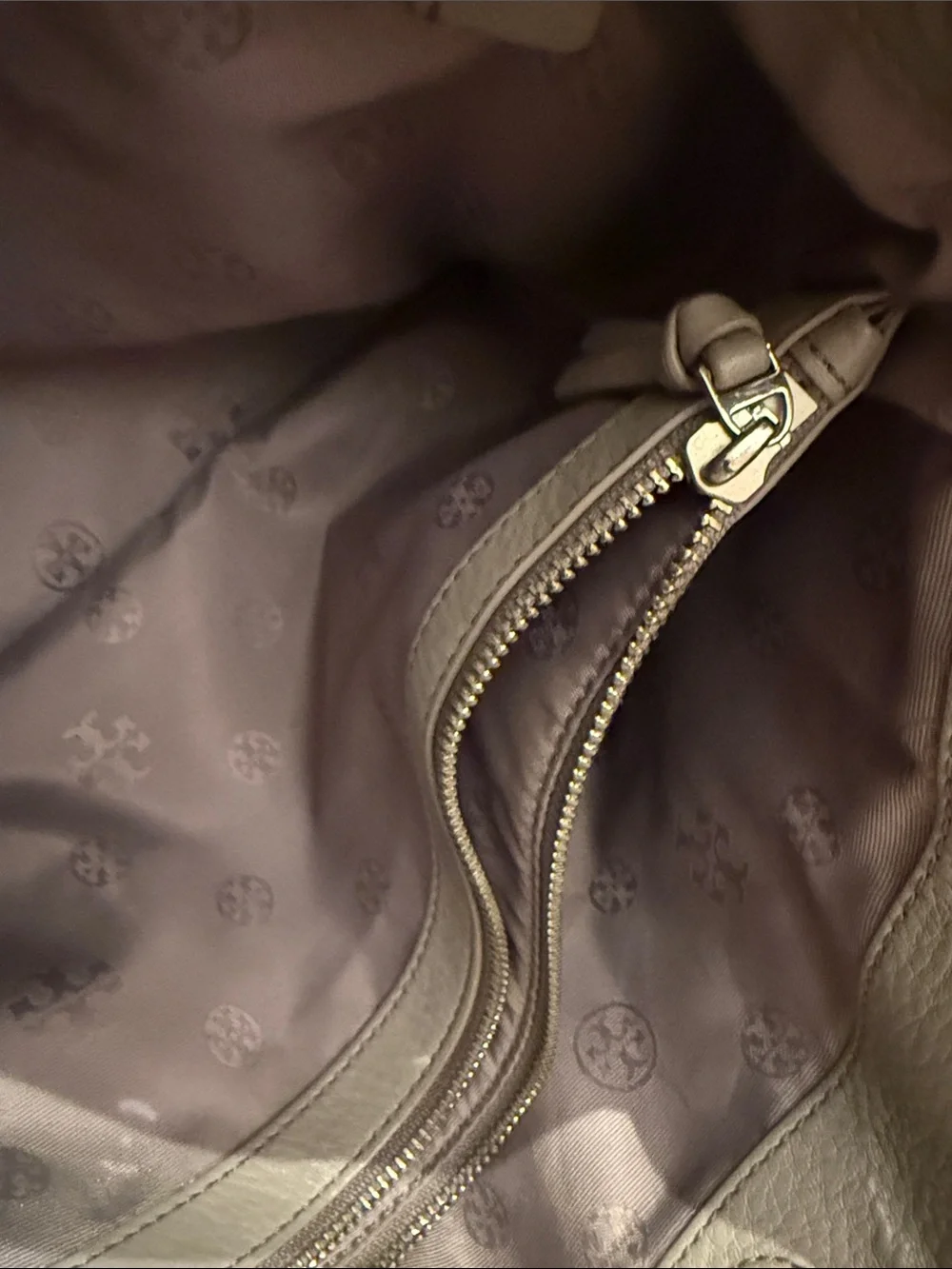 Tory Burch Taupe Pebbled Leather Shoulder Tote with Silver Chain